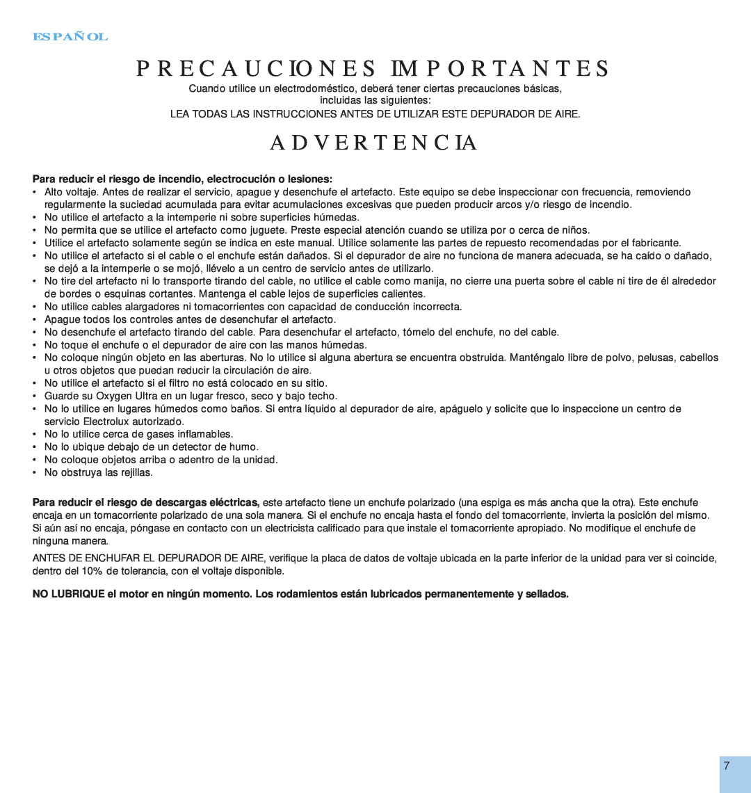 Electrolux EL500AZ manual Prec Aucio Nes Imp Ortantes, Advert Encia, Español 