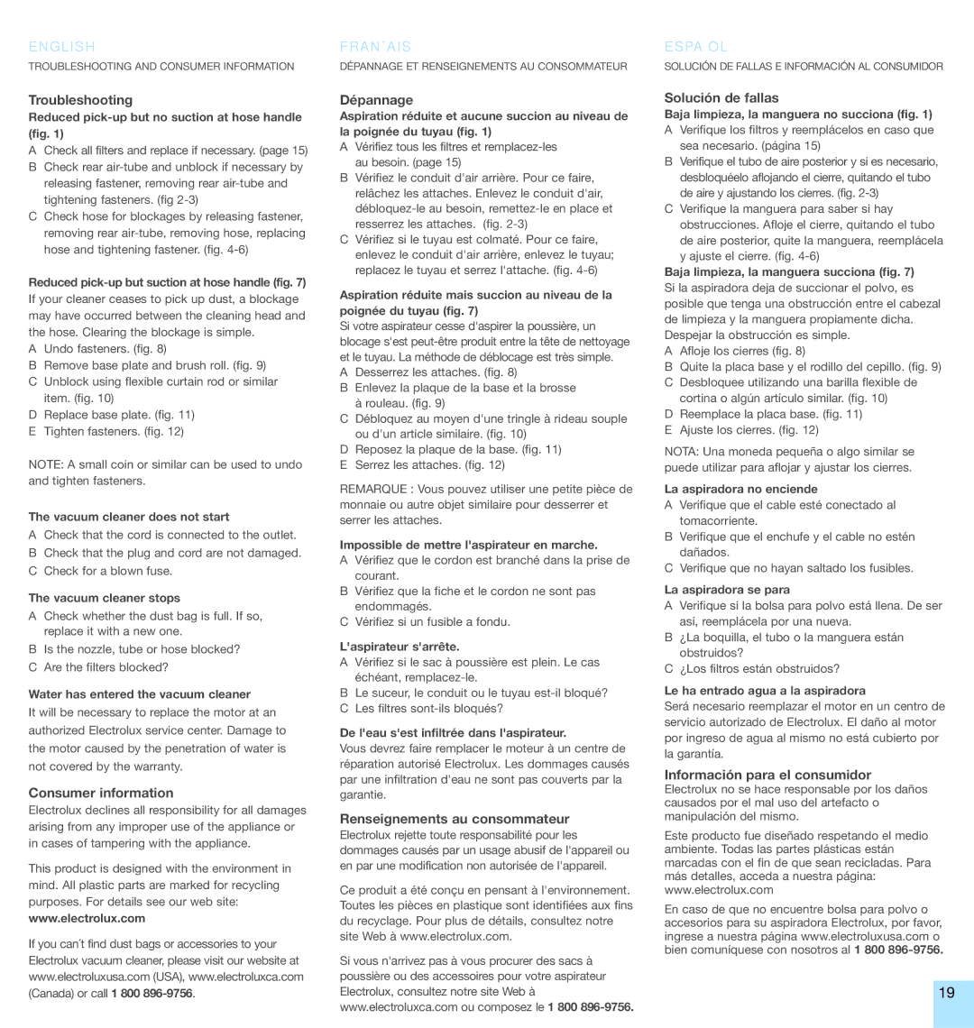 Electrolux EL5010A Troubleshooting, Consumer information, Dépannage, Renseignements au consommateur, Solución de fallas 