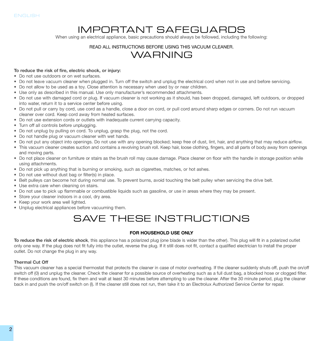 Electrolux EL5010A manual To reduce the risk of fire, electric shock, or injury, Thermal Cut Off 
