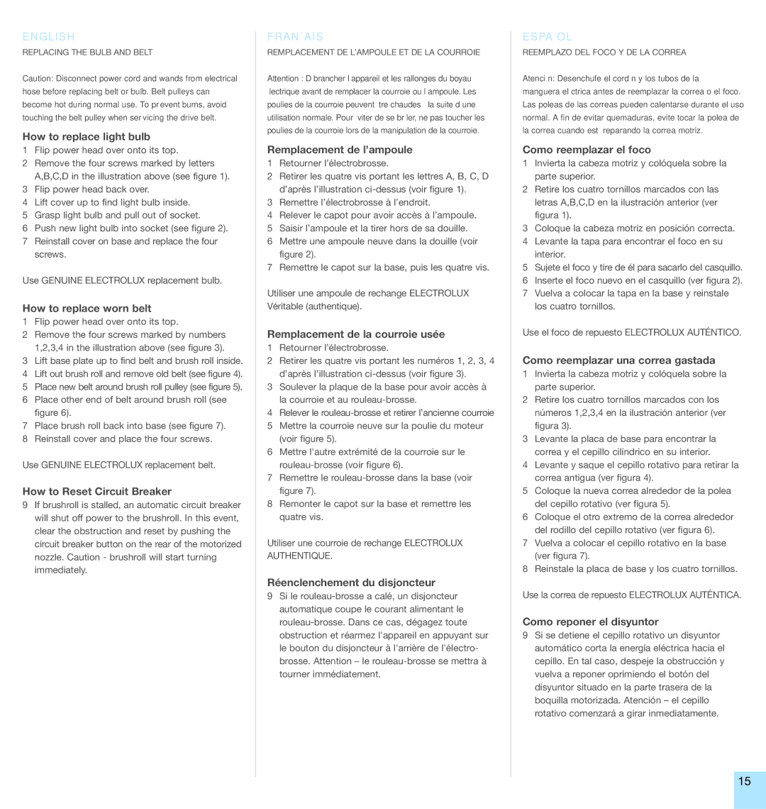 Electrolux EL6989A, EL6988A manual How to replace light bulb, How to replace worn belt, How to Reset Circuit Breaker 