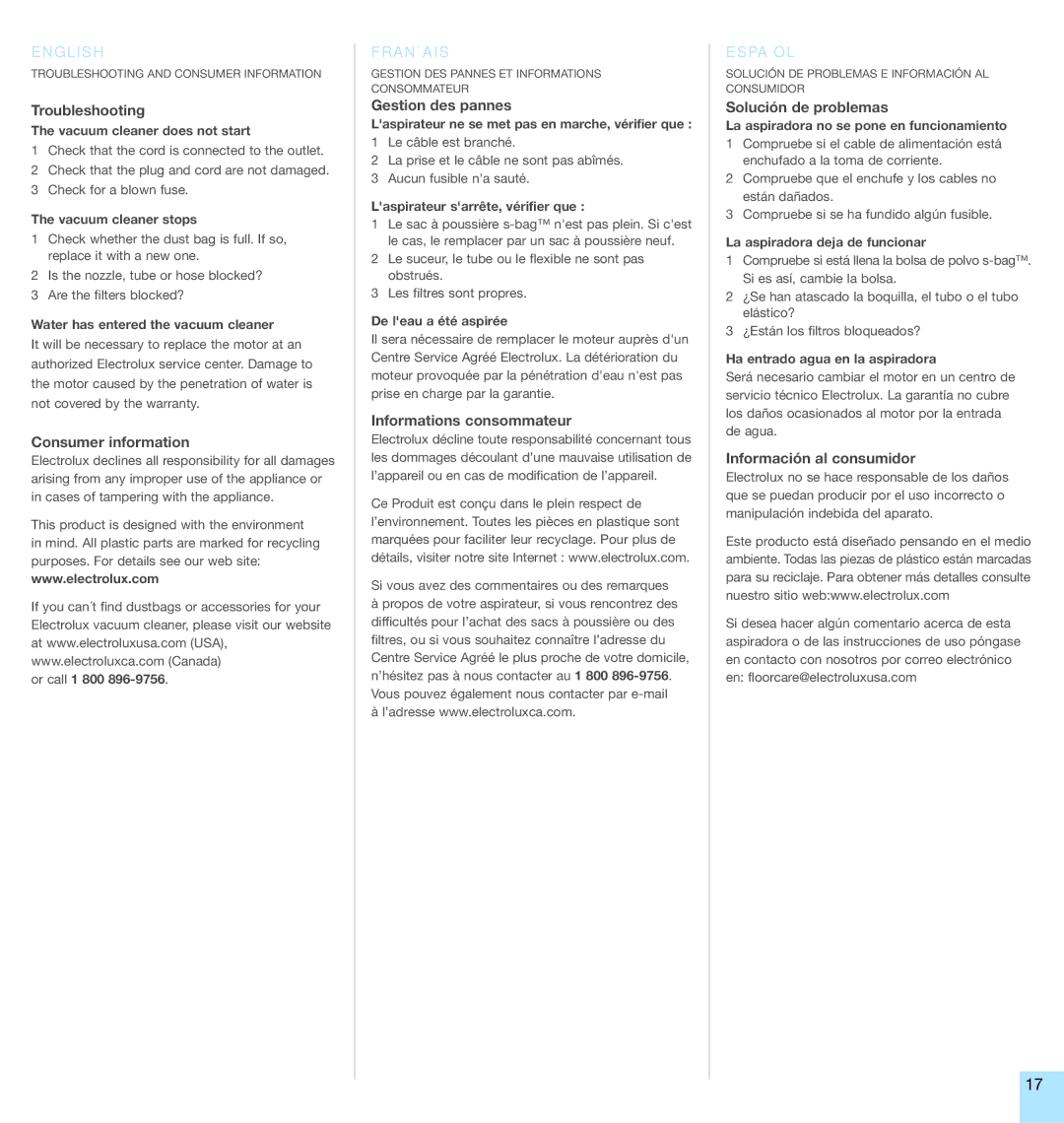 Electrolux EL6989A, EL6988A manual Troubleshooting, Consumer information, Gestion des pannes, Informations consommateur 