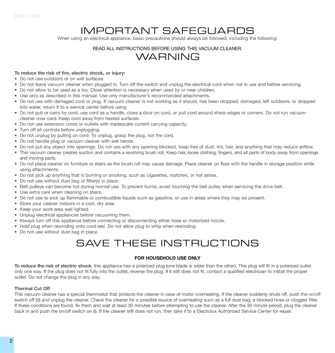 Electrolux EL6988A, EL6989A manual Read ALL Instructions Before Using this Vacuum Cleaner, Thermal Cut Off 