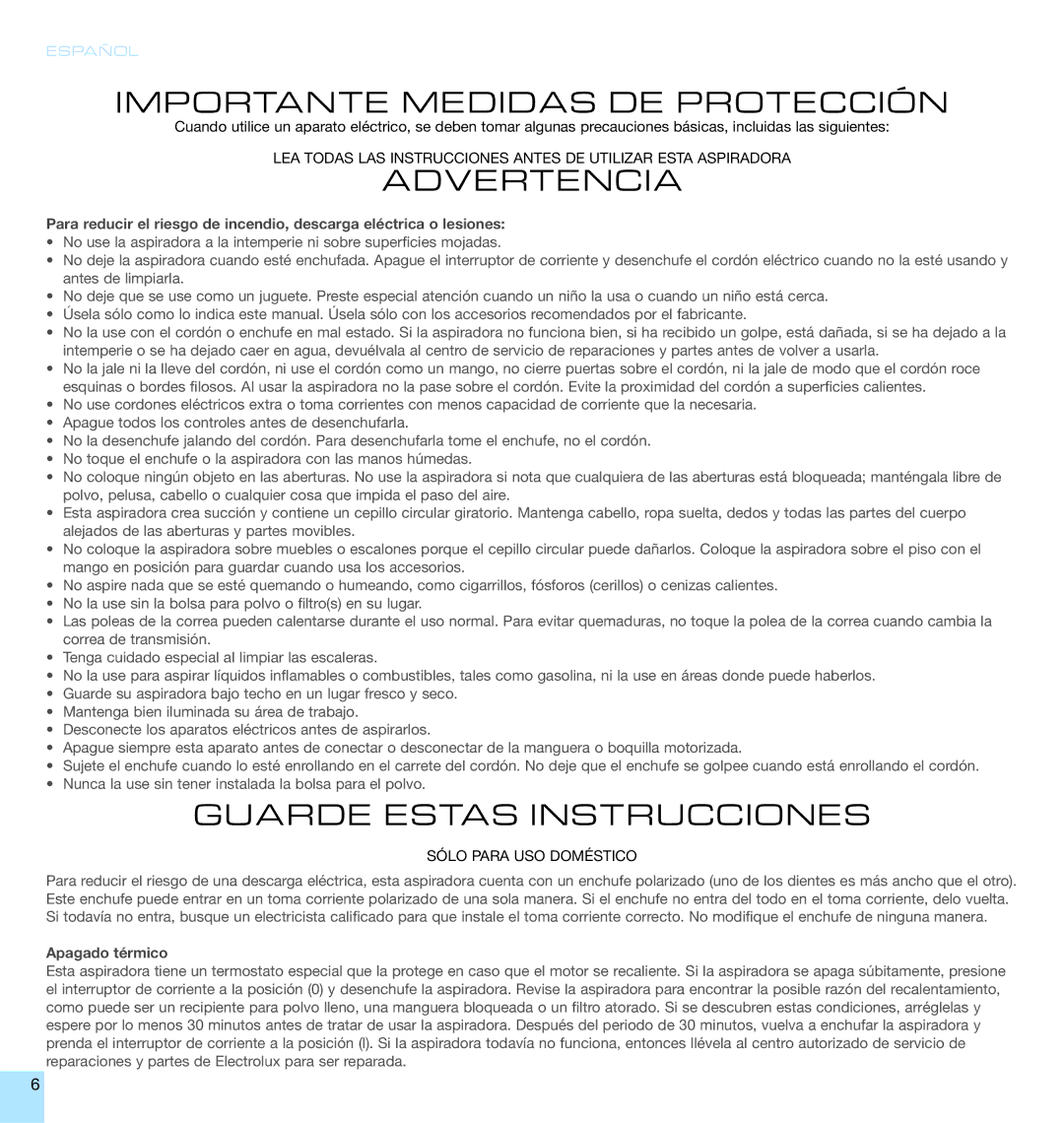 Electrolux EL6988A, EL6989A manual Sólo Para USO Doméstico, Apagado térmico 