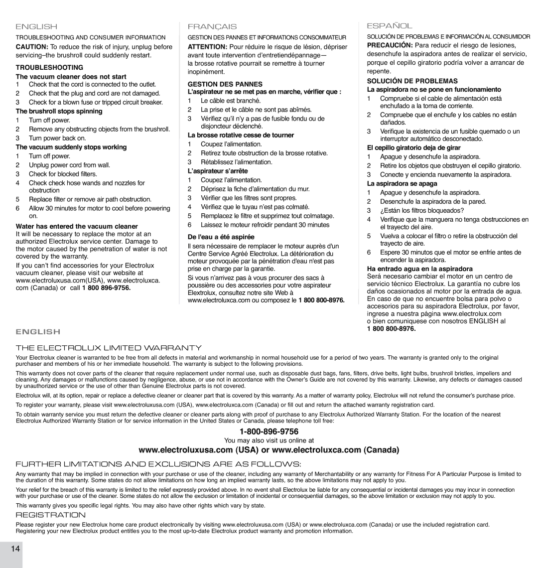 Electrolux EL7060A manual Troubleshooting, Gestion DES Pannes, Solución DE Problemas 