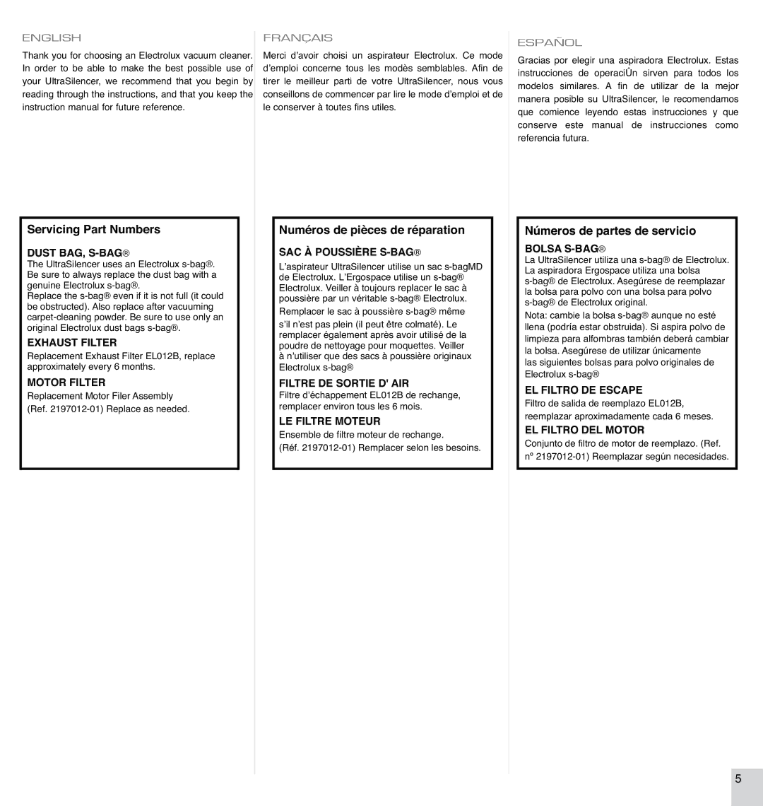 Electrolux EL7060A manual Servicing Part Numbers 