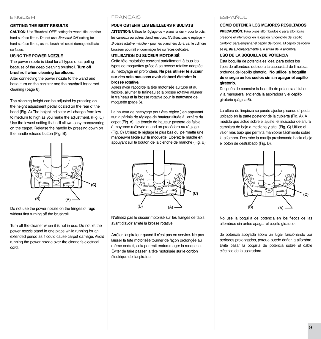 Electrolux EL7060A manual Using the Power Nozzle, USO DE LA Boquilla DE Potencia 