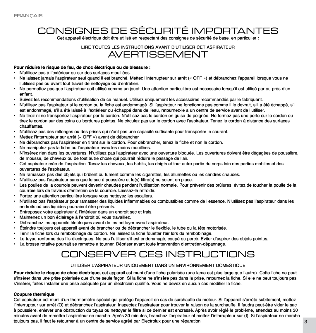 Electrolux EL7060A manual Consignes De Sécurité Importantes, Avertissement, Conserver Ces Instructions, Français 