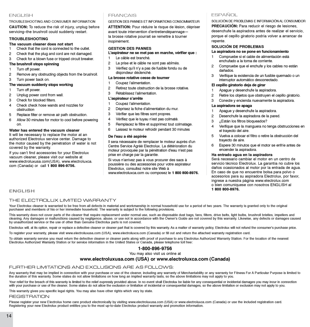 Electrolux EL7063A manual Troubleshooting, Gestion DES Pannes, Solución DE Problemas 