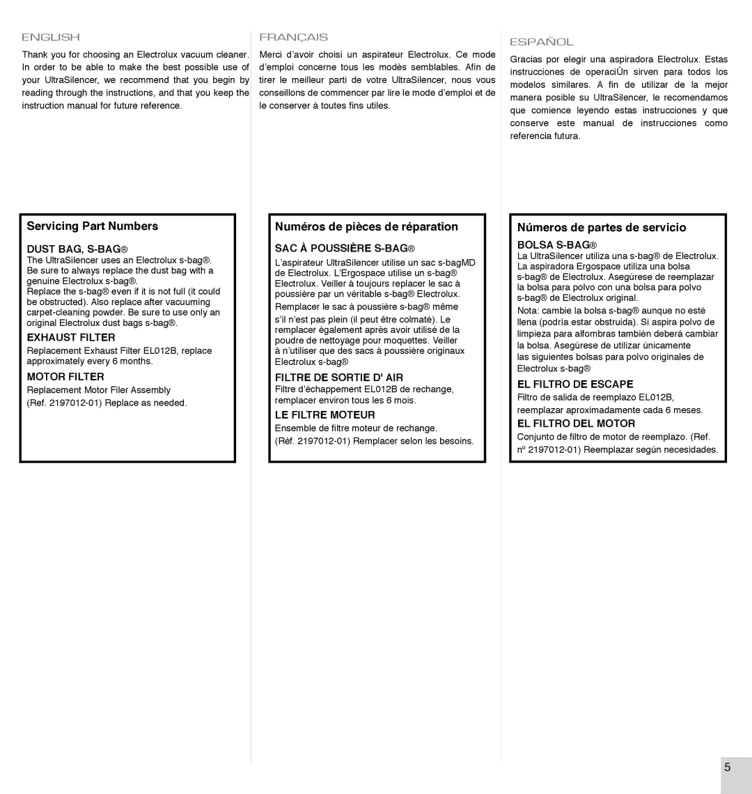 Electrolux EL7063A manual Servicing Part Numbers 