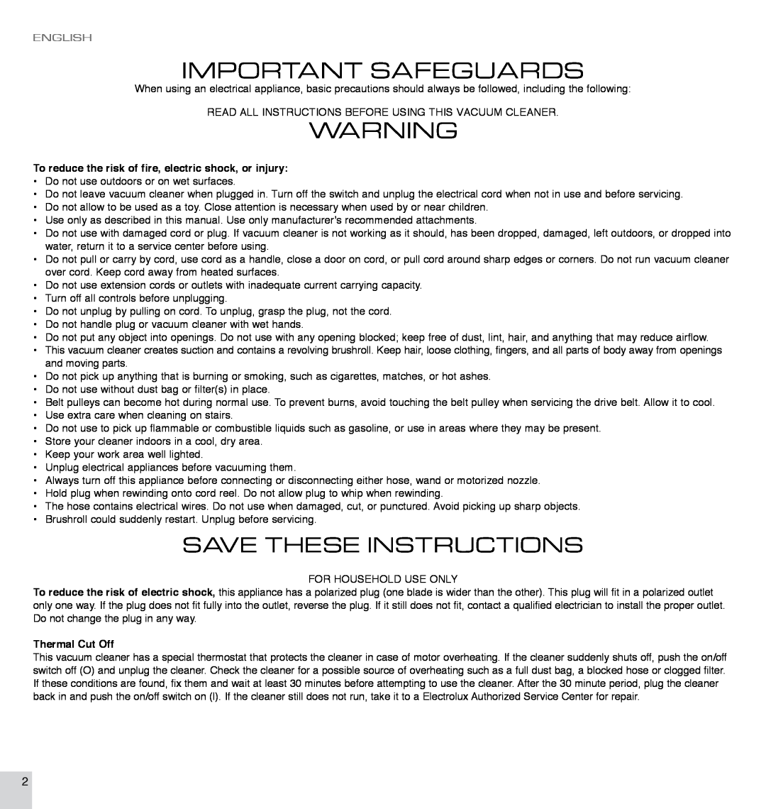 Electrolux EL7063A manual Important Safeguards, Save These Instructions, English, Thermal Cut Off 
