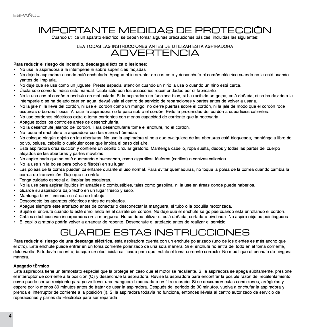 Electrolux EL7063A Advertencia, Importante Medidas De Protección, Guarde Estas Instrucciones, Español, Apagado tÈrmico 