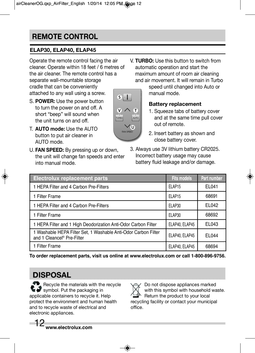 Electrolux ELAP15 manual Remote Control, Disposal, ELAP30, ELAP40, ELAP45, Battery replacement 