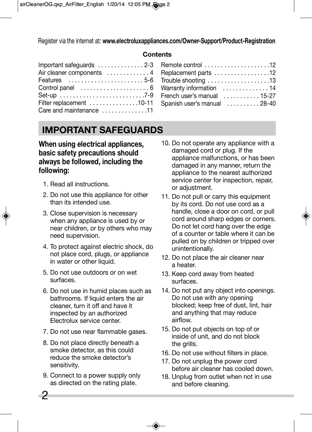 Electrolux ELAP15, ELAP40, ELAP45, ELAP30 manual Important Safeguards, Contents 