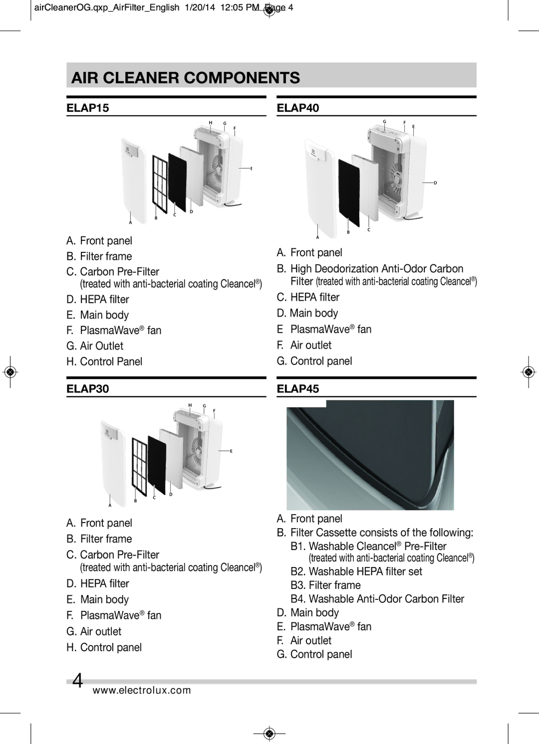 Electrolux manual AIR Cleaner Components, ELAP15 ELAP40, ELAP30, ELAP45 