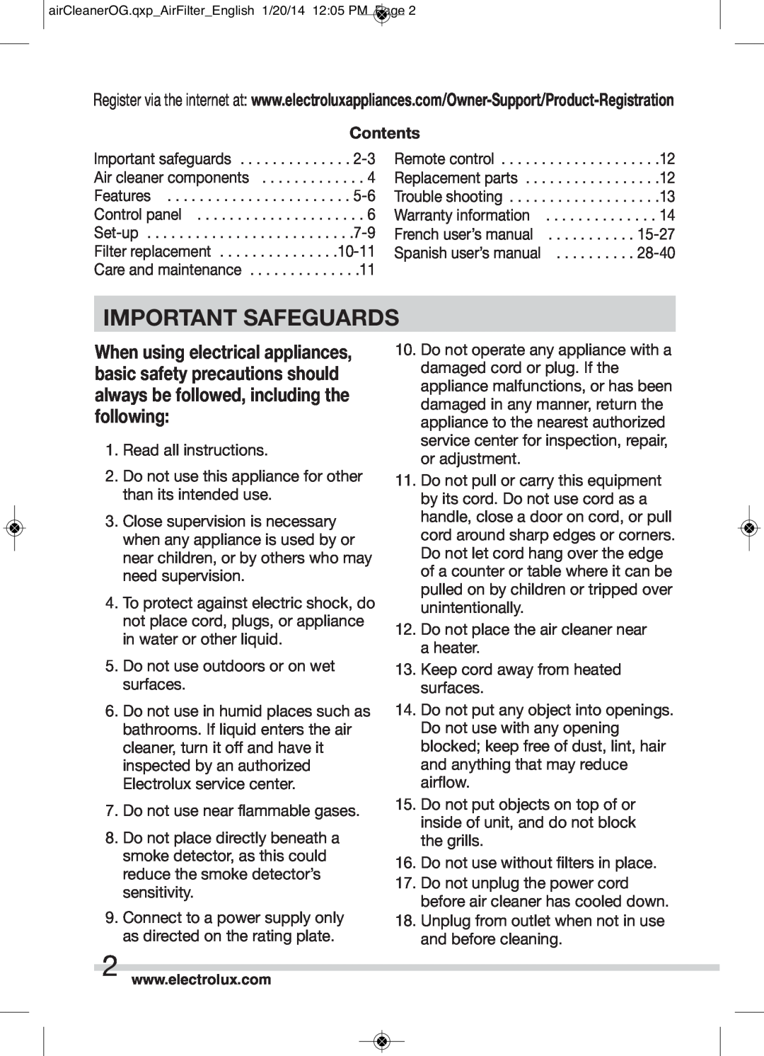 Electrolux ELAP15, ELAP40, ELAP45, ELAP30 manual Important Safeguards, Contents 