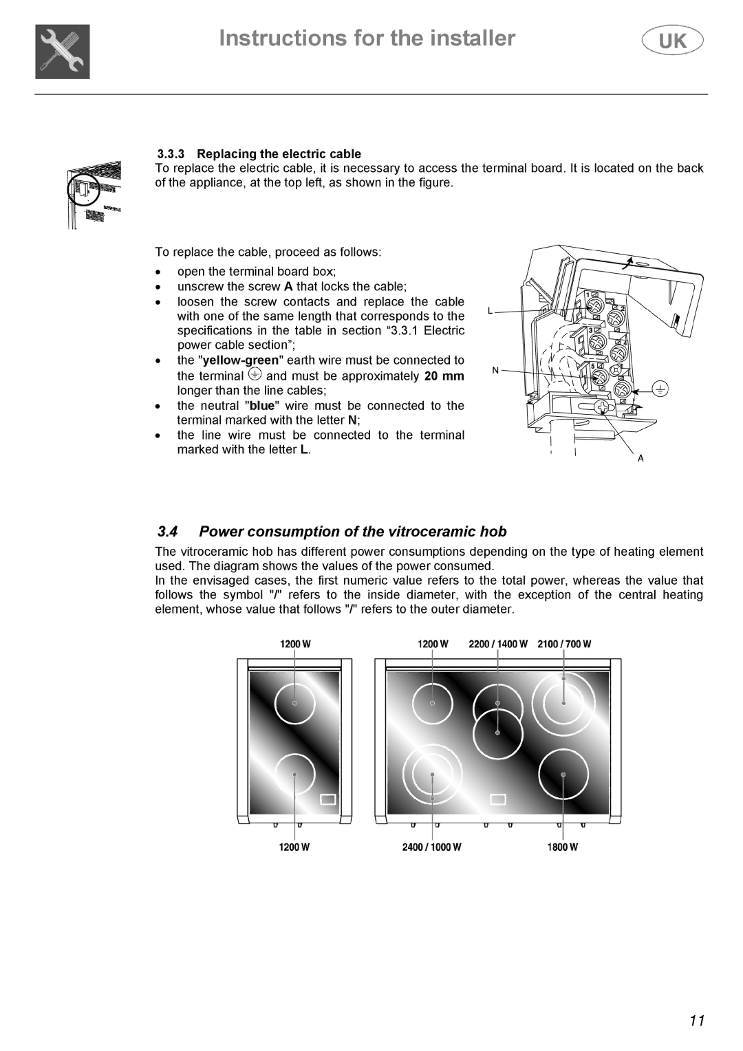 Electrolux Electric Cooker manual Power consumption of the vitroceramic hob, Replacing the electric cable 