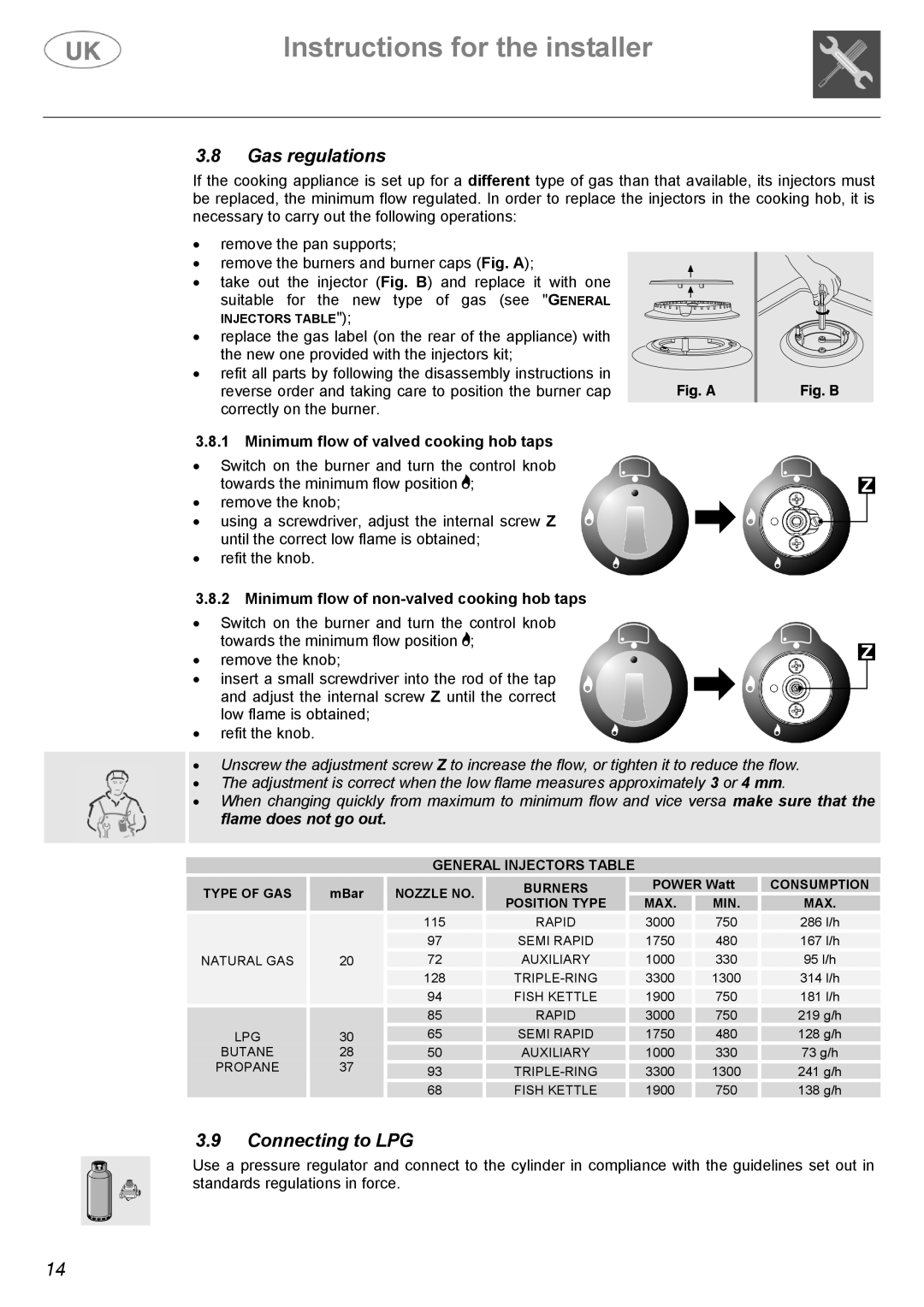 Electrolux Electric Cooker manual Gas regulations, Connecting to LPG, Minimum flow of valved cooking hob taps 