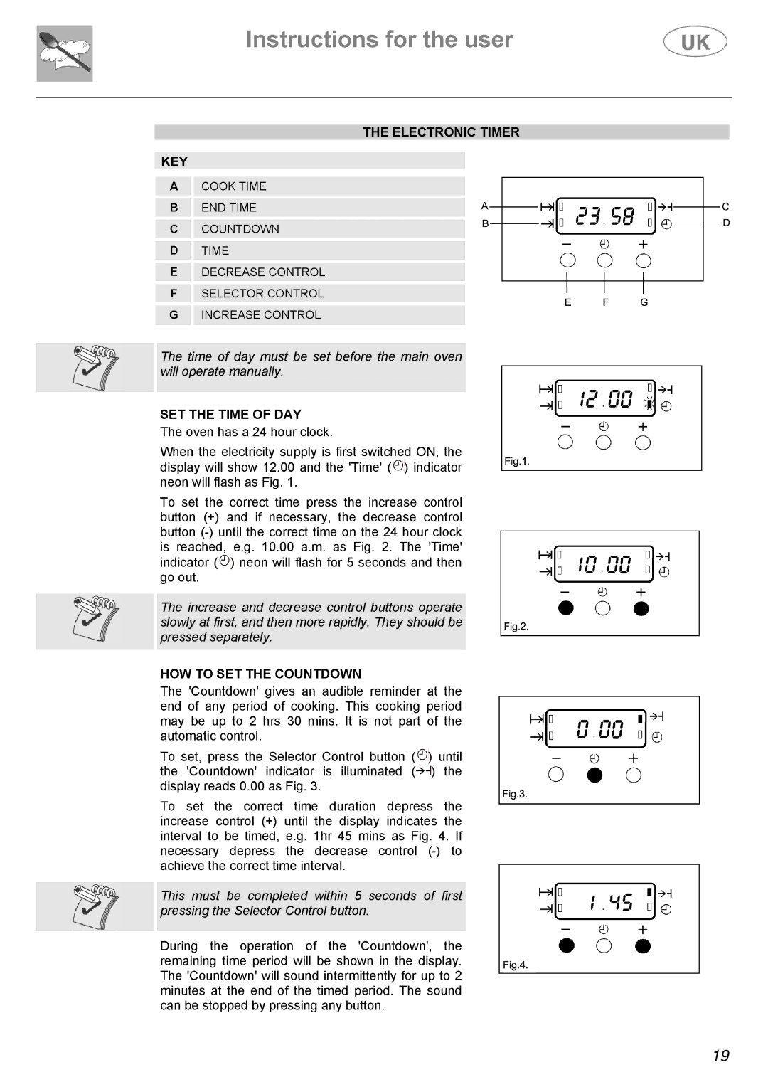 Electrolux Electric Cooker manual Electronic Timer KEY, SET the Time of DAY, HOW to SET the Countdown 