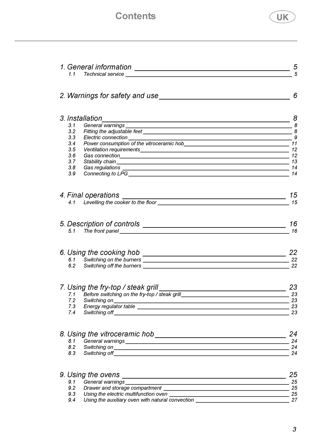 Electrolux Electric Cooker manual Contents 