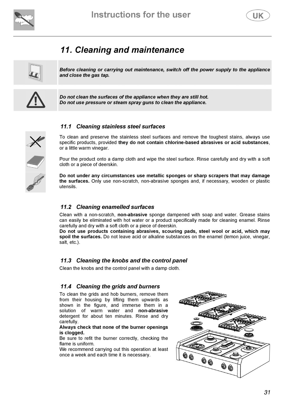 Electrolux Electric Cooker manual Cleaning and maintenance, Cleaning stainless steel surfaces, Cleaning enamelled surfaces 