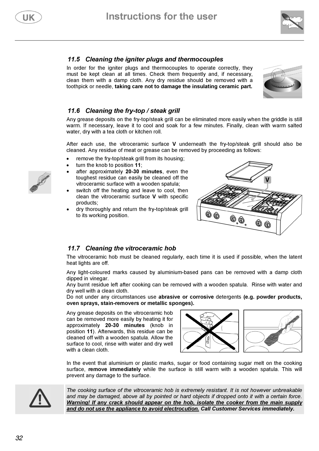 Electrolux Electric Cooker manual Cleaning the igniter plugs and thermocouples, Cleaning the fry-top / steak grill 