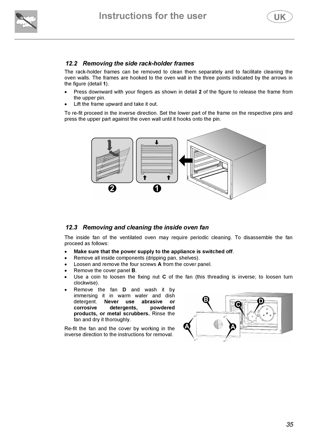 Electrolux Electric Cooker manual Removing the side rack-holder frames, Removing and cleaning the inside oven fan 