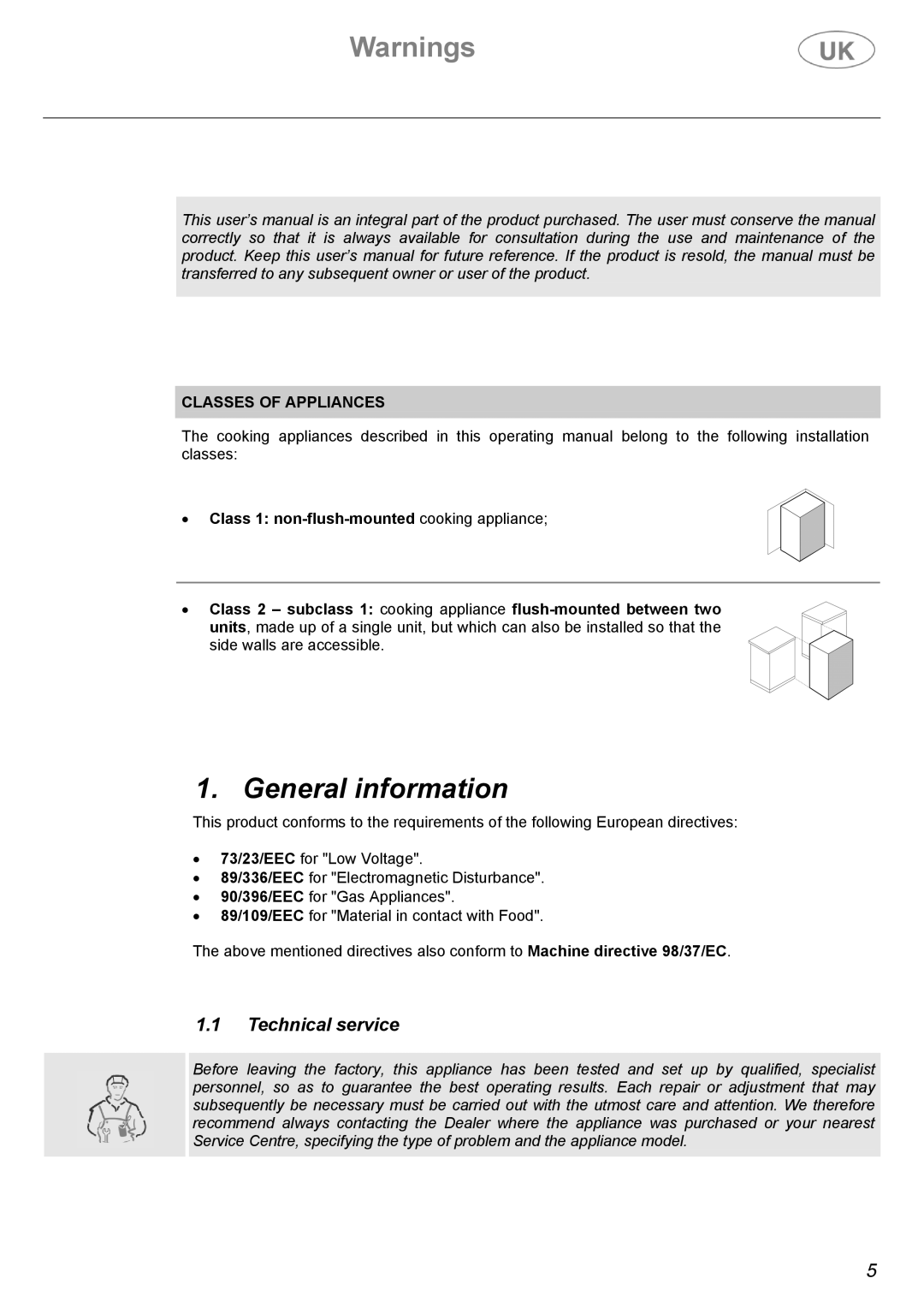 Electrolux Electric Cooker manual General information, Technical service, Classes of Appliances 