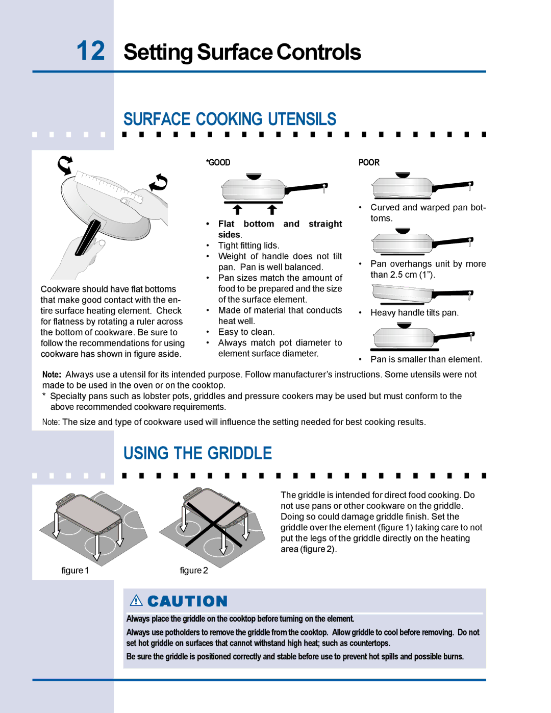 Electrolux Electric Cooktop manual Surface Cooking Utensils, Using the Griddle, Flat bottom and straight sides 