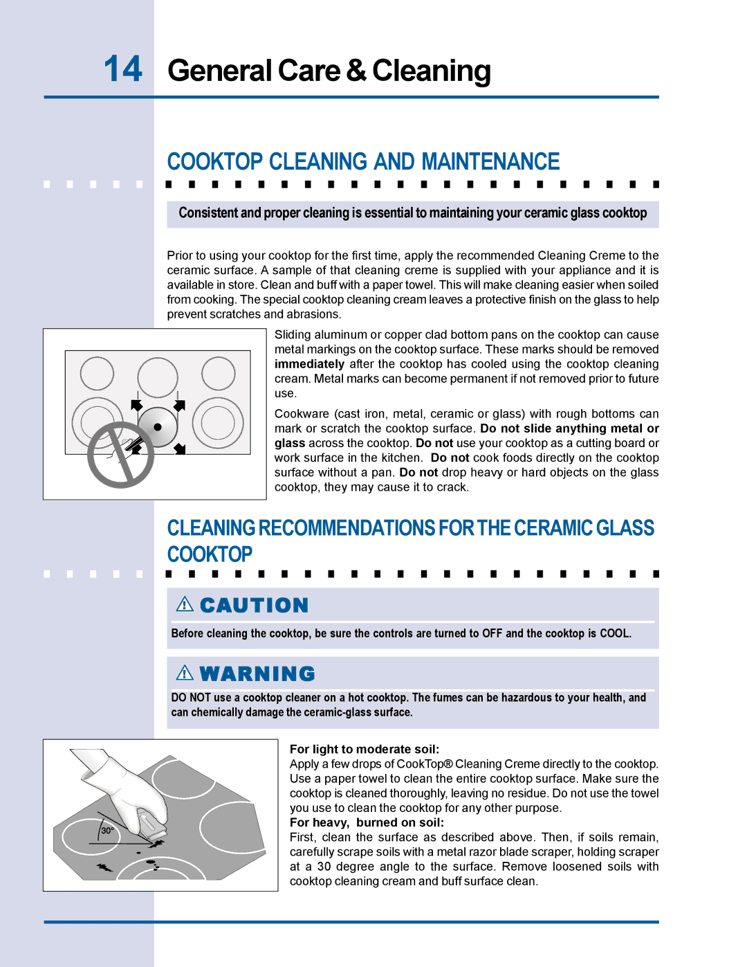 Electrolux Electric Cooktop manual Cooktop Cleaning and Maintenance, Cleaning Recommendations for the Ceramic Glass Cooktop 