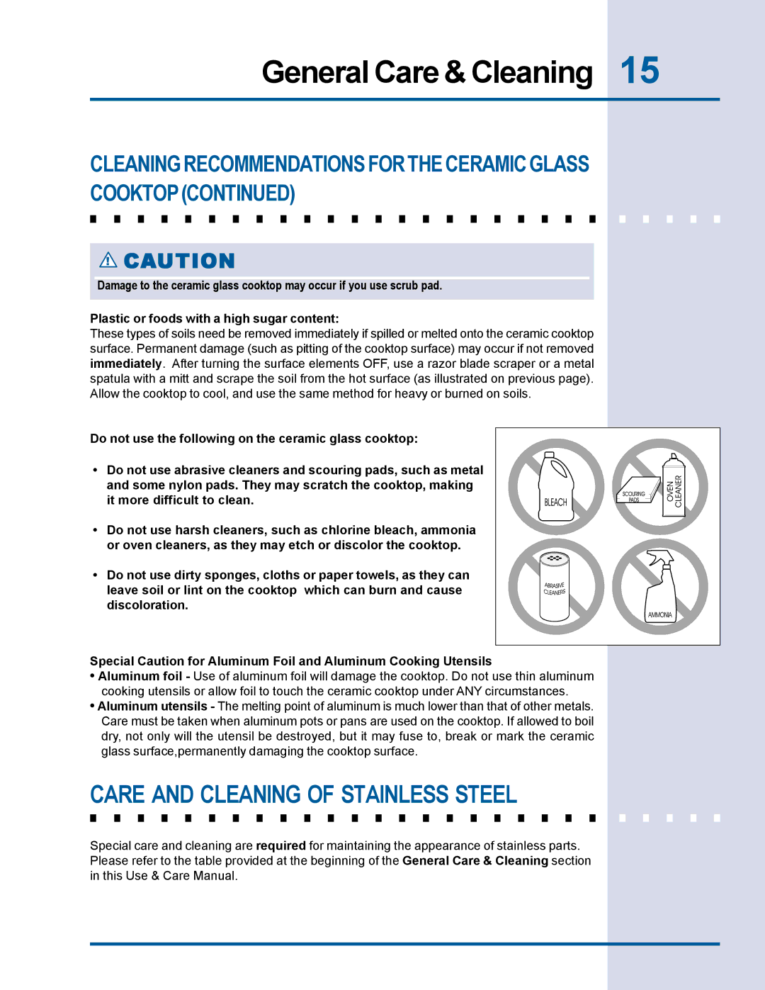 Electrolux Electric Cooktop manual Care and Cleaning of Stainless Steel 