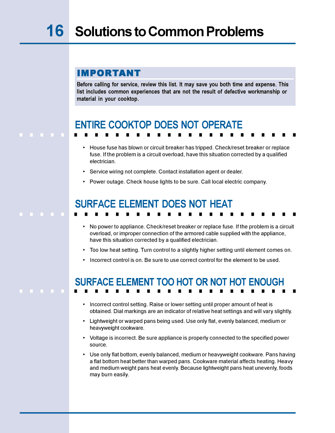 Electrolux Electric Cooktop Solutions to Common Problems, Entire Cooktop does not Operate, Surface Element does not Heat 