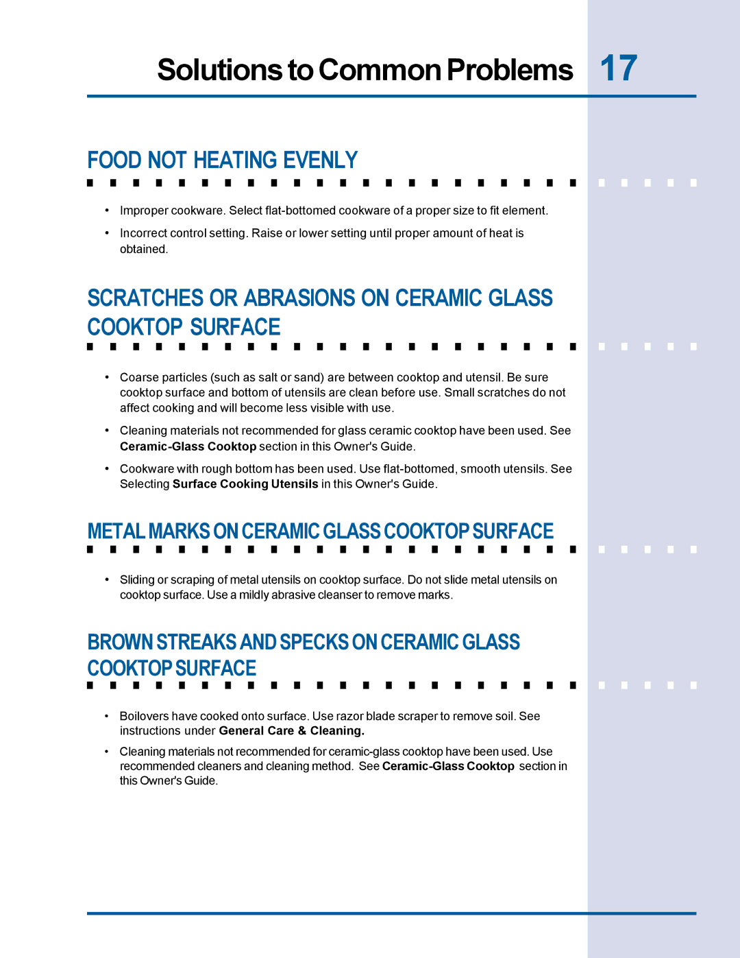 Electrolux Electric Cooktop manual Food not Heating Evenly, Scratches or Abrasions on Ceramic Glass Cooktop Surface 