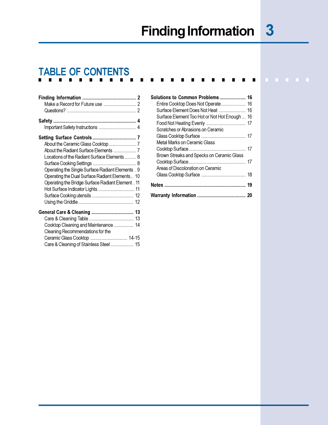 Electrolux Electric Cooktop manual Table of Contents 