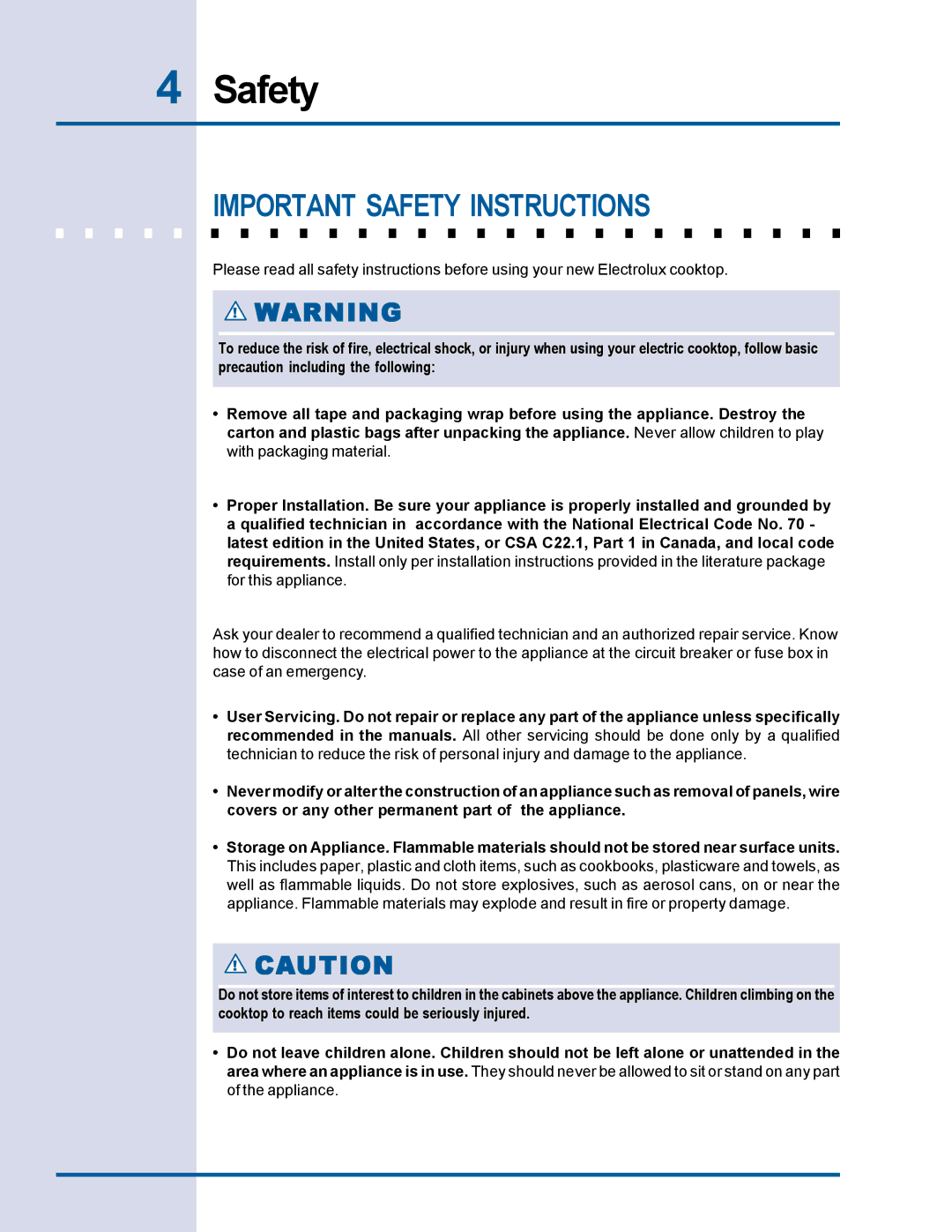 Electrolux Electric Cooktop manual Important Safety Instructions 