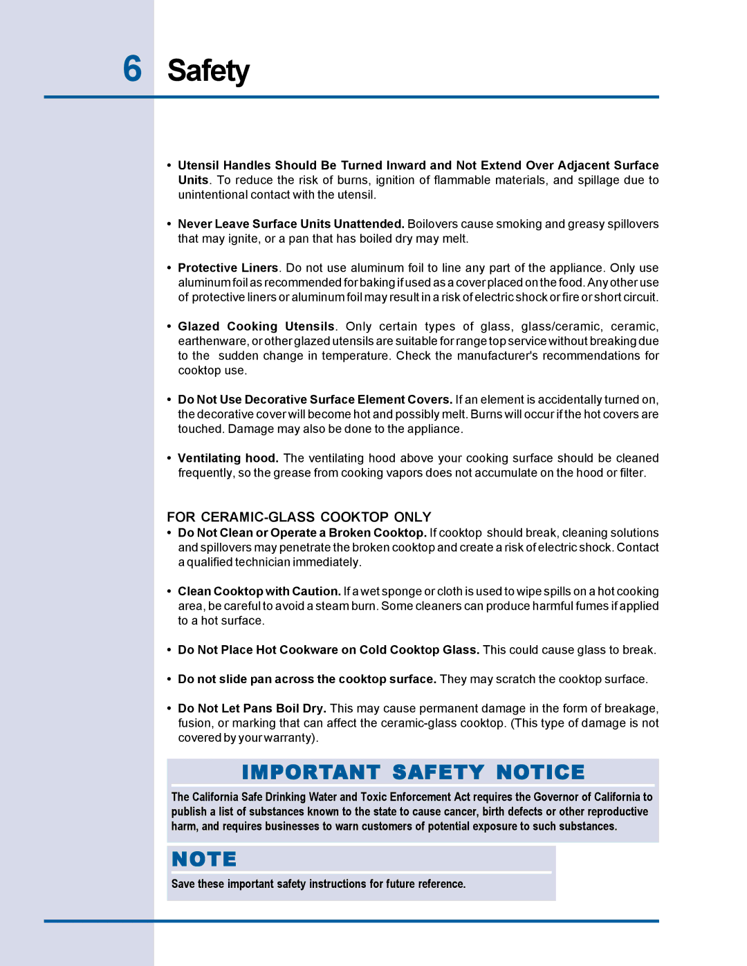 Electrolux Electric Cooktop manual Important Safety Notice 