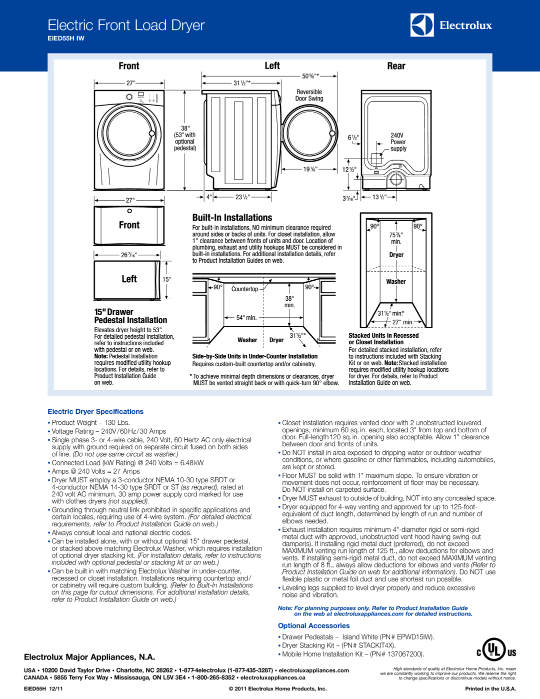 Electrolux EIED55H IW, Electric Front Load dryer system manual Electric Dryer Specifications, Optional Accessories 