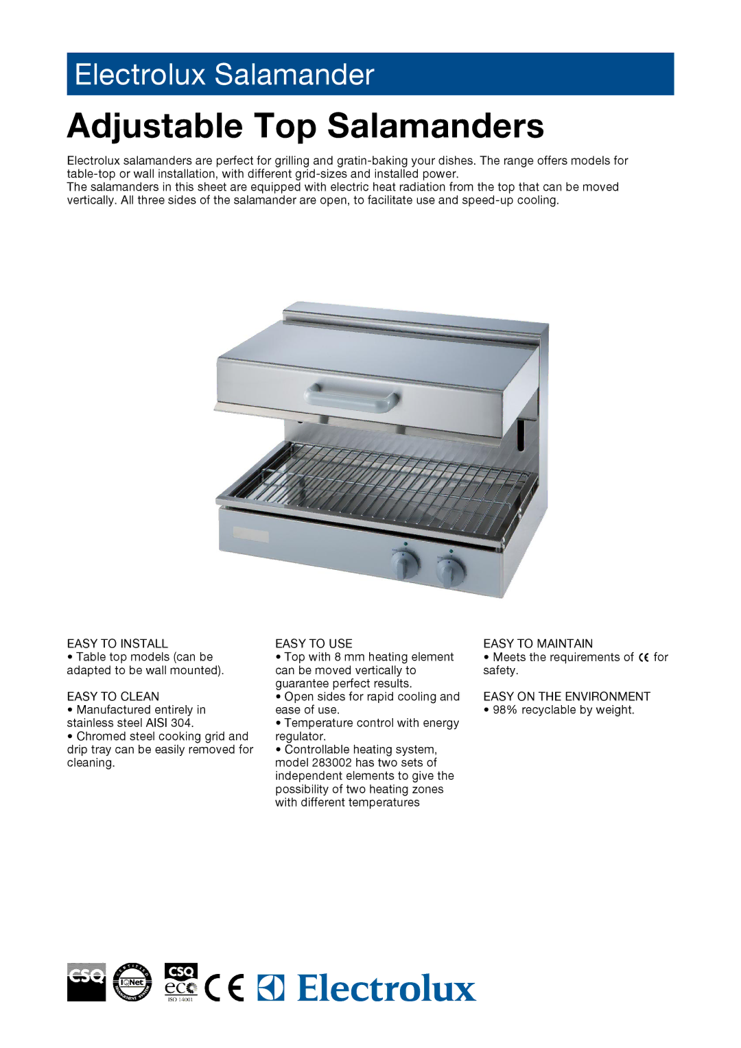 Electrolux Electric Grill manual Adjustable Top Salamanders, Easy to Install Easy to USE Easy to Maintain, Easy to Clean 