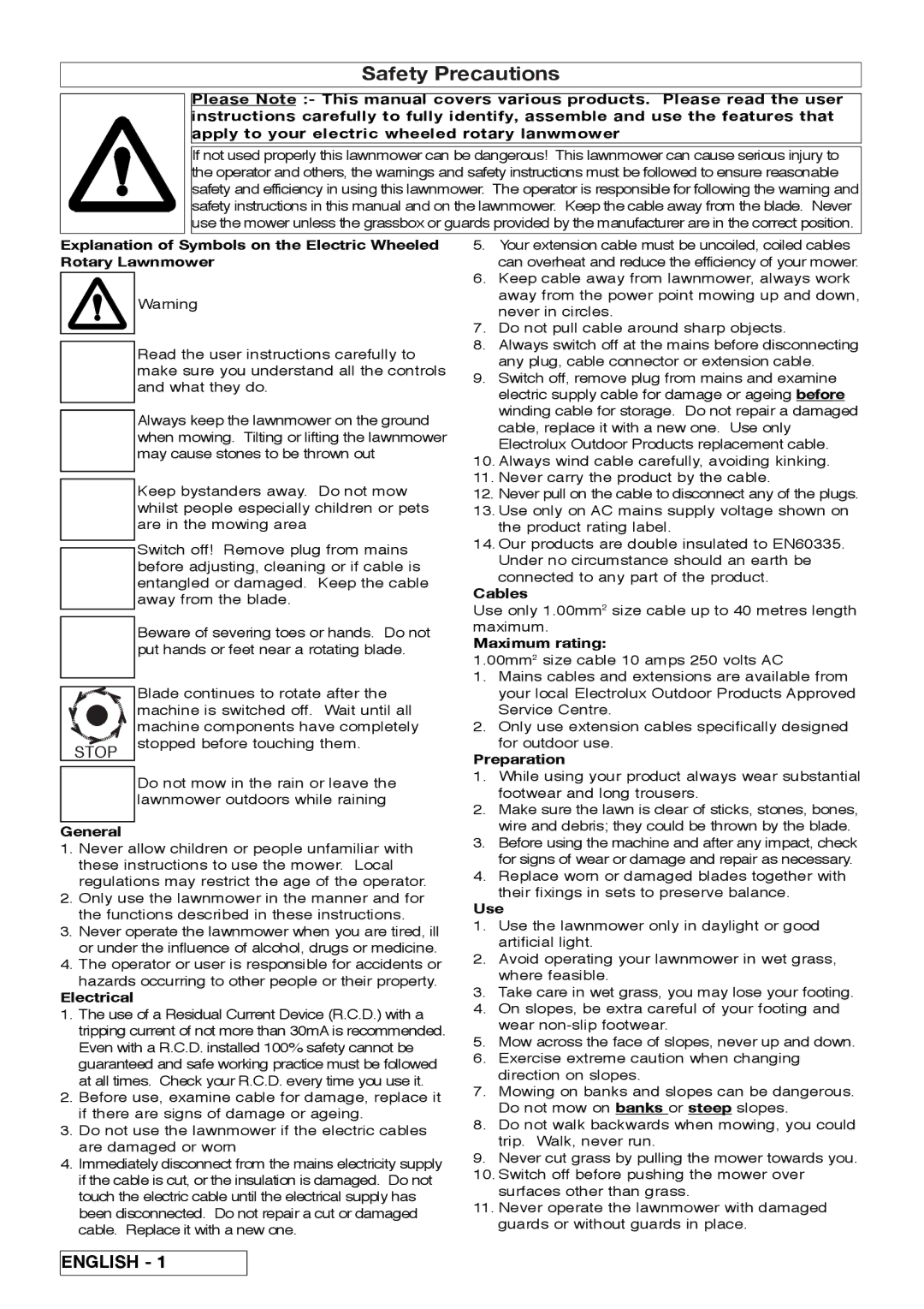 Electrolux ELECTRIC WHEELED Rotary Lawnmower manual Safety Precautions 