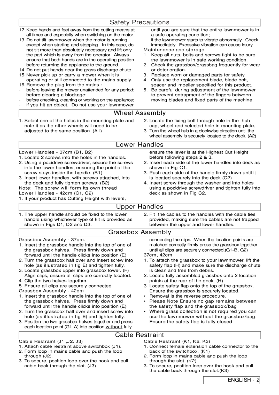 Electrolux ELECTRIC WHEELED Rotary Lawnmower manual Wheel Assembly, Lower Handles, Upper Handles, Grassbox Assembly 