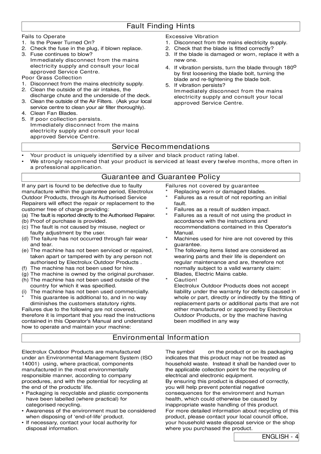 Electrolux ELECTRIC WHEELED Rotary Lawnmower Fault Finding Hints, Service Recommendations, Guarantee and Guarantee Policy 