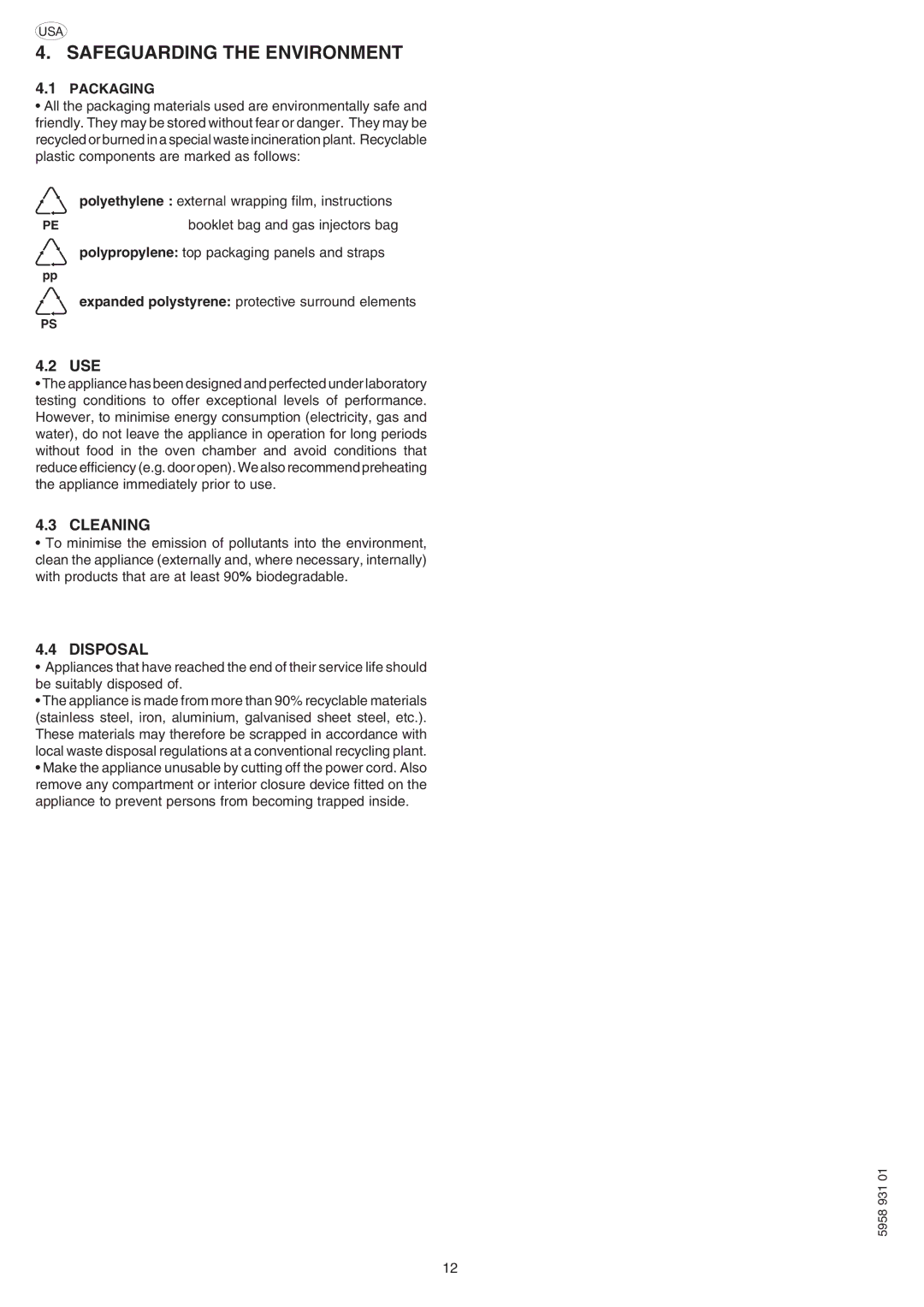 Electrolux ELECTRICS HEATED STEAM CONVECTION OVEN manual Safeguarding the Environment, Cleaning, Disposal, Packaging 