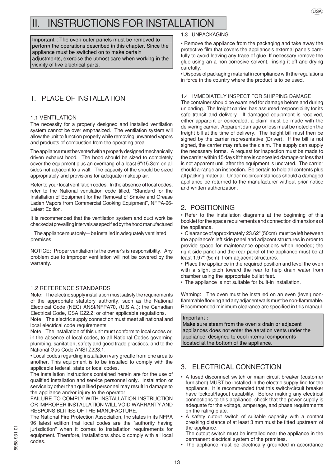 Electrolux ELECTRICS HEATED STEAM CONVECTION OVEN II. Instructions for Installation, Place of Installation, Positioning 