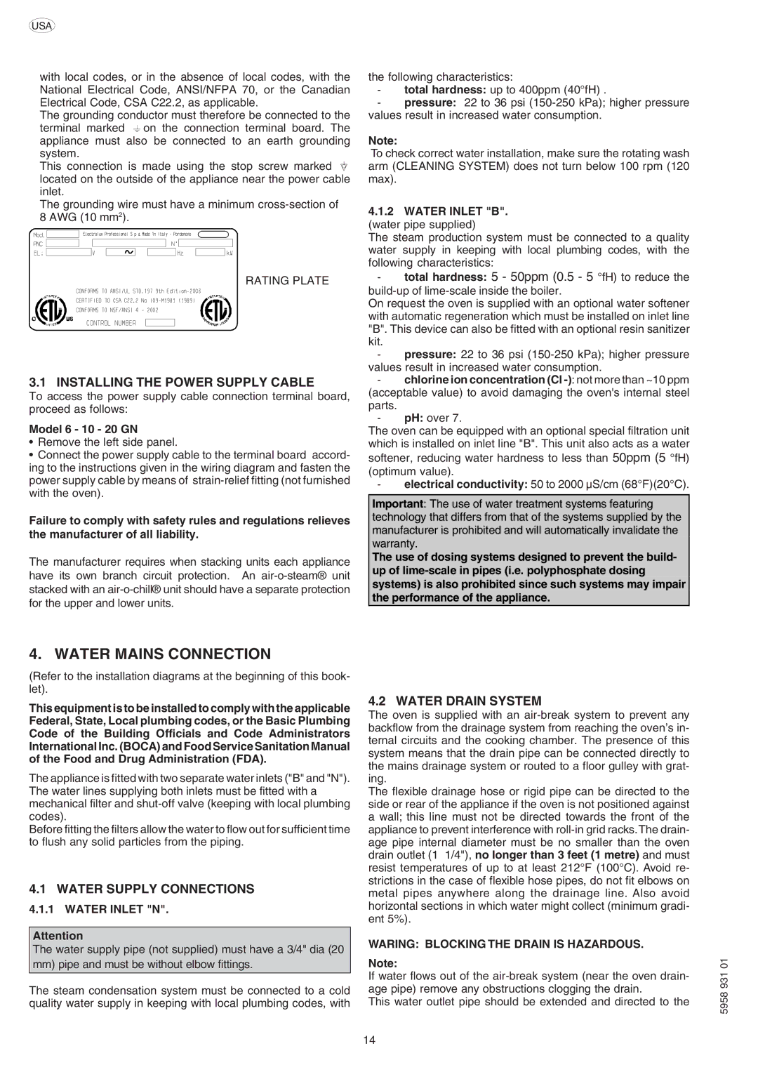 Electrolux ELECTRICS HEATED STEAM CONVECTION OVEN manual Water Mains Connection, Installing the Power Supply Cable 