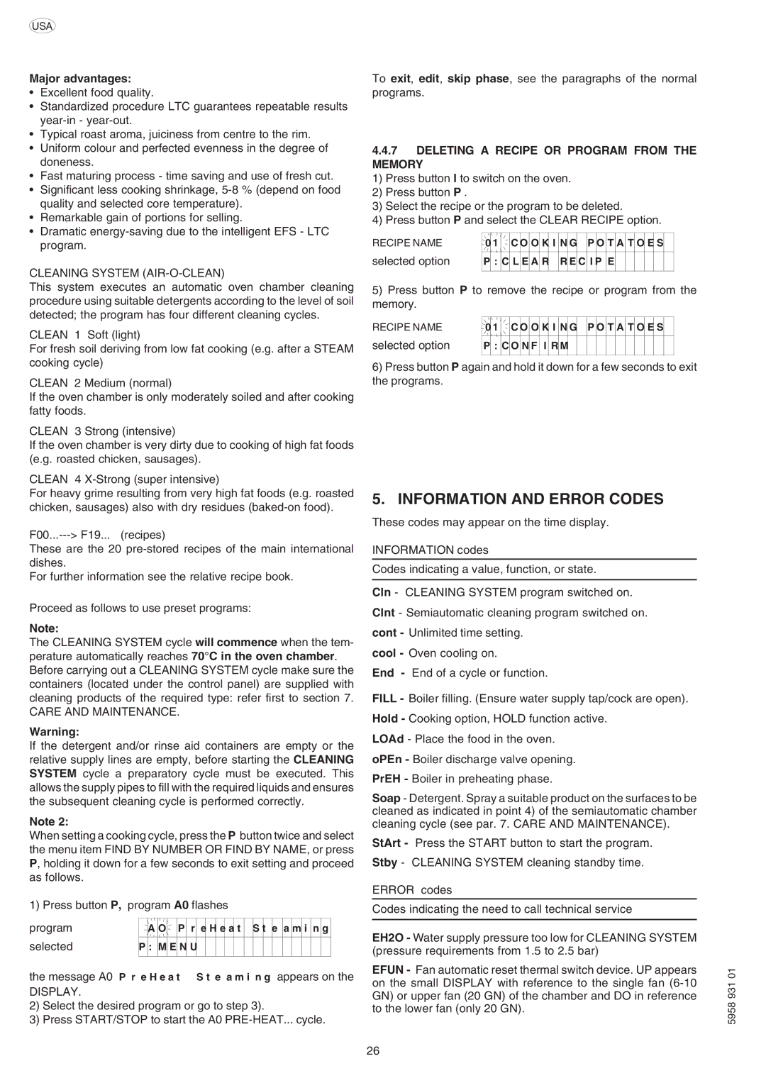 Electrolux ELECTRICS HEATED STEAM CONVECTION OVEN manual Information and Error Codes, Major advantages, Selected option 