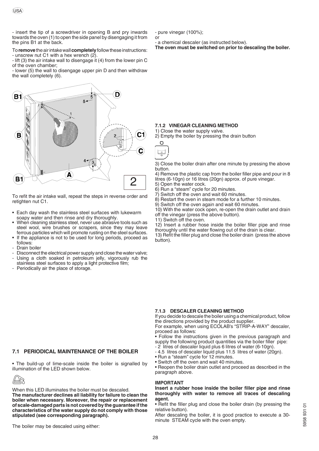 Electrolux ELECTRICS HEATED STEAM CONVECTION OVEN manual Periodical Maintenance of the Boiler, Descaler Cleaning Method 