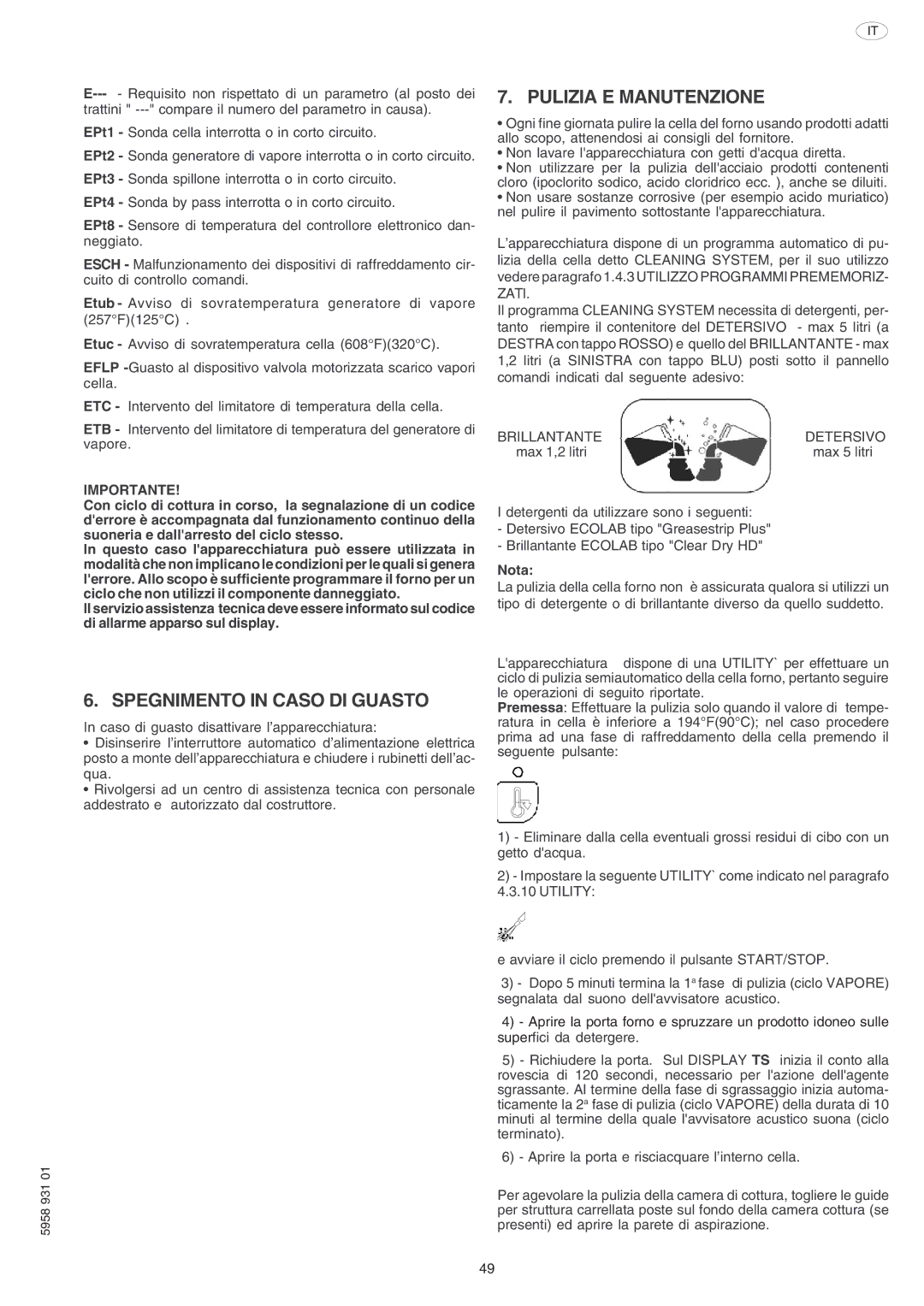 Electrolux ELECTRICS HEATED STEAM CONVECTION OVEN manual Spegnimento in Caso DI Guasto 