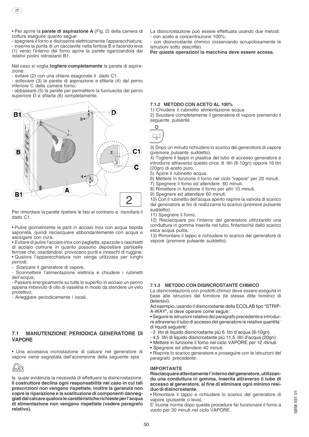 Electrolux ELECTRICS HEATED STEAM CONVECTION OVEN manual Manutenzione Periodica Generatore DI Vapore 