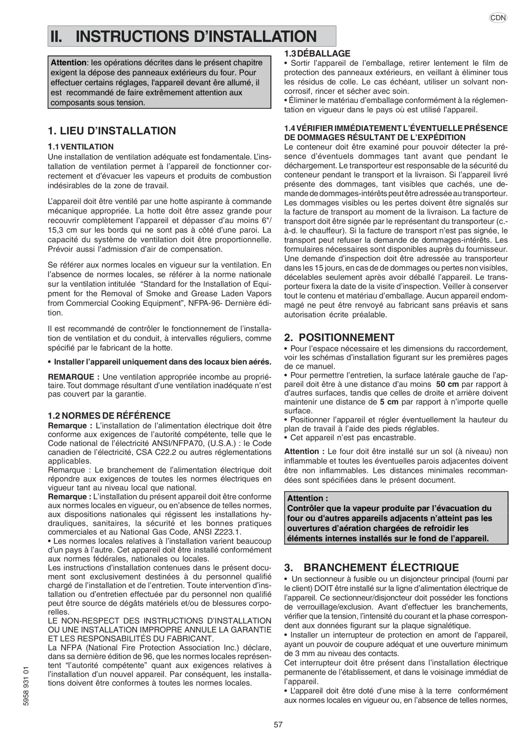 Electrolux ELECTRICS HEATED STEAM CONVECTION OVEN II. Instructions D’INSTALLATION, Lieu D’INSTALLATION, Positionnement 