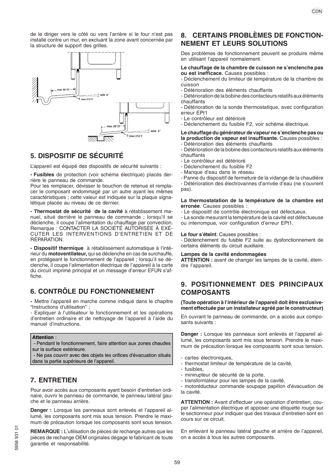 Electrolux ELECTRICS HEATED STEAM CONVECTION OVEN manual Dispositif DE Sécurité, Contrôle DU Fonctionnement, Entretien 