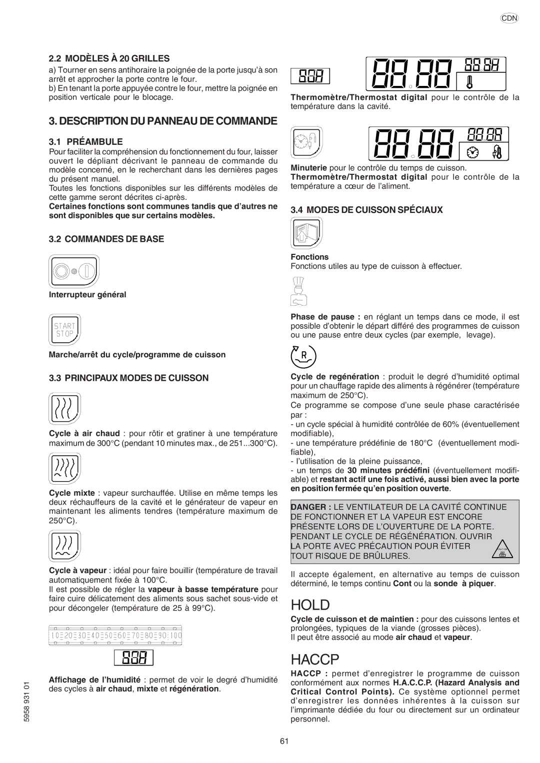 Electrolux ELECTRICS HEATED STEAM CONVECTION OVEN manual Modèles À 20 Grilles, Préambule, Commandes DE Base 